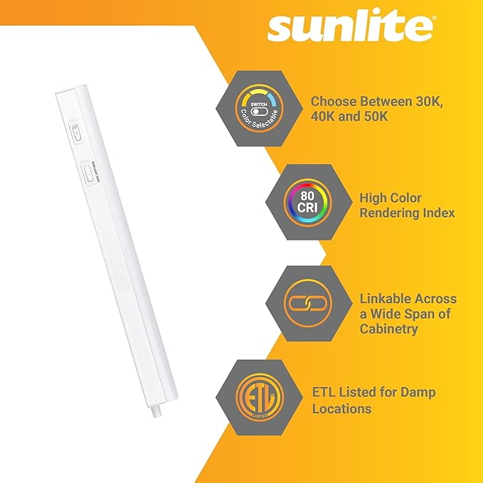 Sunlite LED Under Cabinet Lighting Plug in 12 Inch Linkable Under Counter Lights for Kitchen 16 Watts, 120 Volts, 1600 Lumens, Adjustable 3 CCT 3000K-5000K, 50,000 Hour Lifespan, ETL Listed LED Light