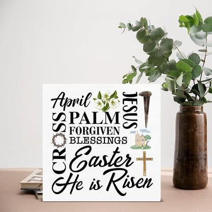 Easter Decor - Easter Decorations for Home - He Is Risen Wood Sign Home Office Living Room Bedroom Desk Shelf Table Tabletop Decor 5×5 Inches