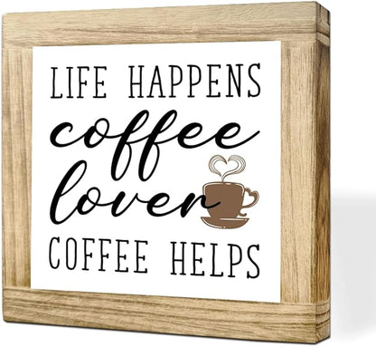 Coffees Wood Sign Life Happens Coffee Helps Wooden Decor Sign for Cafe Bar Inspirational Coffees Decor To Kitchen Home Office Ideal Gift For Coffee Lover Handmade Wood Plaque 5.9x5.9 Inch