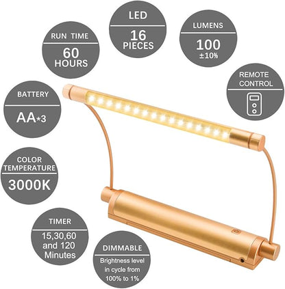 LUXSWAY Cordless Painting Light,Battery Operated Picture Light with 9 Inch Light Tube,Art Lights for Painting,Remote Control Timer Auto Off,Dimmable Accent Lighting Picture Artwork-Gold