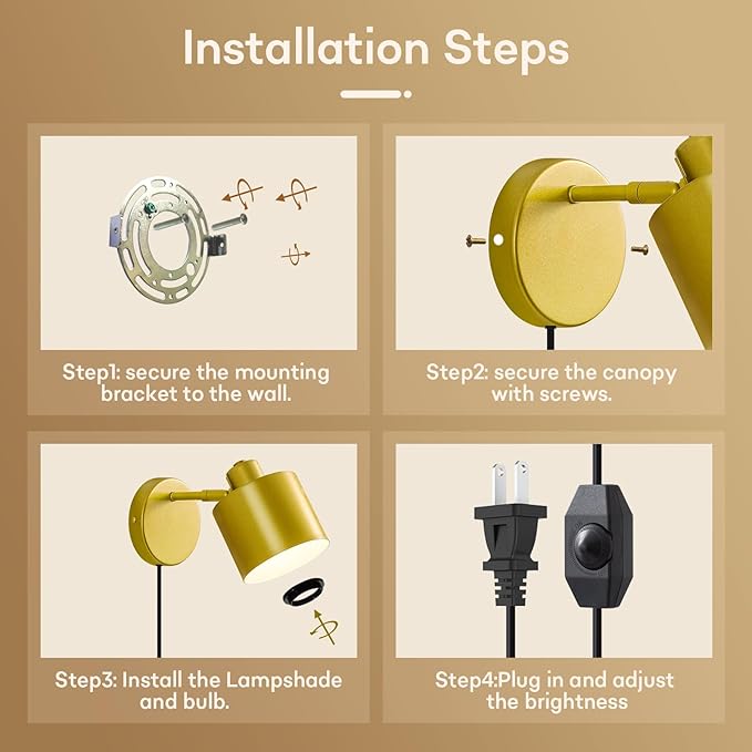Lightess Plug in Wall Sconce with Switch, Dimmable Wall Lamp Plug in 350° Rotatable, Gold Wall Mounted Light for Restaurants Living Room Bedroom Stairway((Bulb Not Included)
