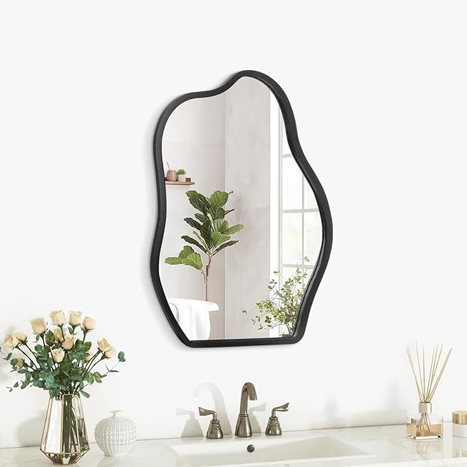 Asymmetrical Wood Frame Mirrors for Wall Oval Hanging Mirror Unique Irregular Modern Mirror for Entryway Hallway Living Room Bedroom Vanity Decorative Artistic Wall Mirror