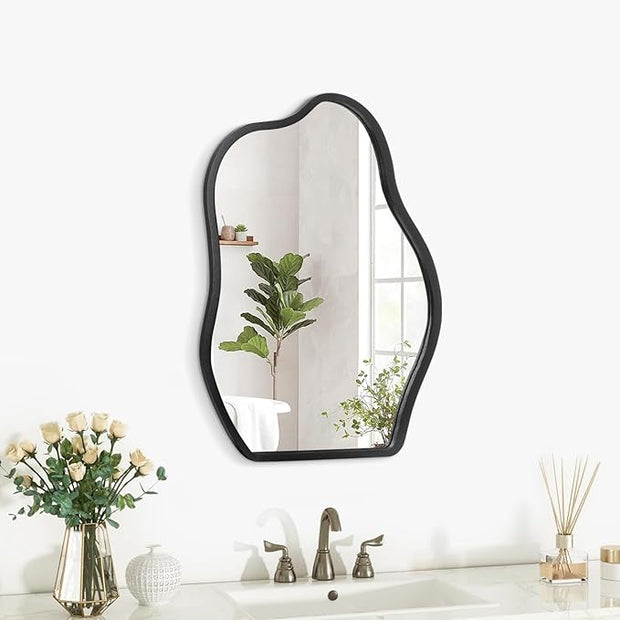 Asymmetrical Wood Frame Mirrors for Wall Oval Hanging Mirror Unique Irregular Modern Mirror for Entryway Hallway Living Room Bedroom Vanity Decorative Artistic Wall Mirror