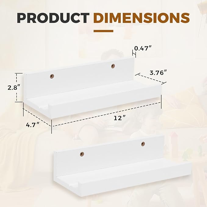 Muzilife 12" Small Floating Wall Ledge Shelves with Lip - Set of 2 Wood Floating Shelves - White Wall Mounted Picture Ledge for Office, Bathroom, Bedroom, Living Room, Kitchen