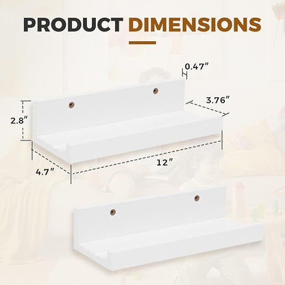 Muzilife 12" Small Floating Wall Ledge Shelves with Lip - Set of 2 Wood Floating Shelves - White Wall Mounted Picture Ledge for Office, Bathroom, Bedroom, Living Room, Kitchen