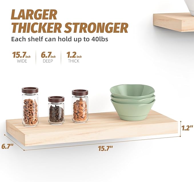 Floating Shelves (Set of 2) – Wall Mounted Shelves for Home Décor and Storage, Natural Pine Wood, Suitable for Living Room and Bedroom (Unfinished, 15.7" x 6.7" x 1.2")