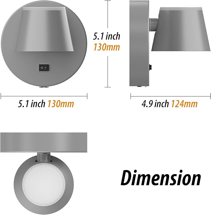URSOLA Battery Operated Wall Sconce with Remote, LED Rechargeable Battery Wall Light with 9000mAh 3CCT and Dimmable Magnetic 360° Rotation Cordless Light for Bedroom（Grey）