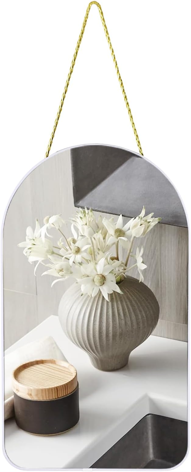Funerom Small Decorative Arched Wall Mirror with White Frame, 15.8 x 9 inches, Small Modern Hanging Mirror for Bedroom Bathroom