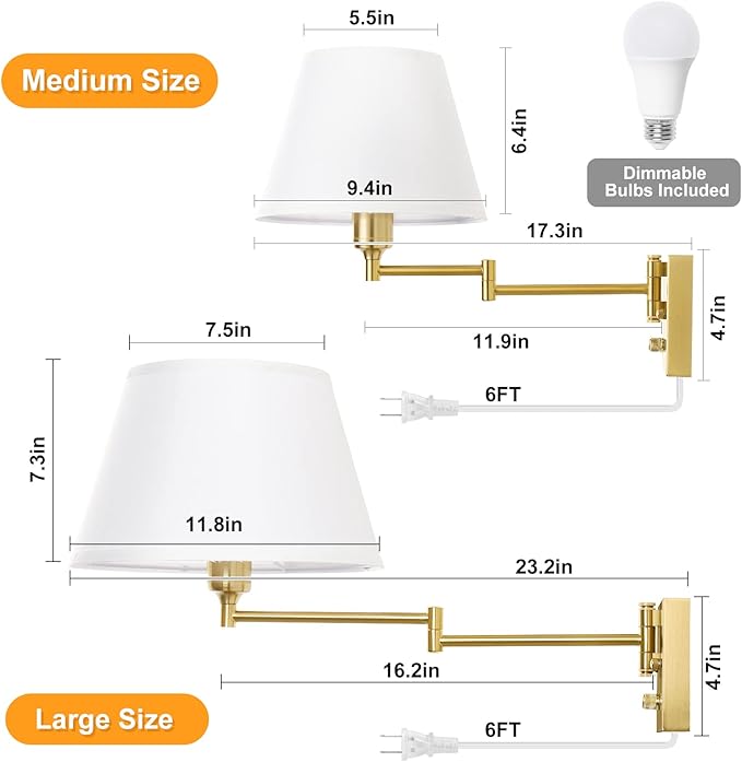 TRLIFE Remote Control Dimmable Wall Sconce, Adjustable Color Temperature 2700K-6500K Brushed Brass Swing Arm Wall Lights with Plug in Cord, 11.8