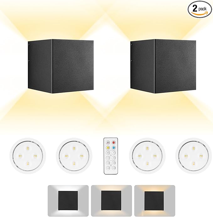 HEQIQEH Modern Battery Operated Cube Wall Sconces, LED Indoor Up and Down Wall Lamp with Remote Control, Dimmable Cordless Wall Lighting Fixtures for Living Room,Bedside (Black - 2 Pack)