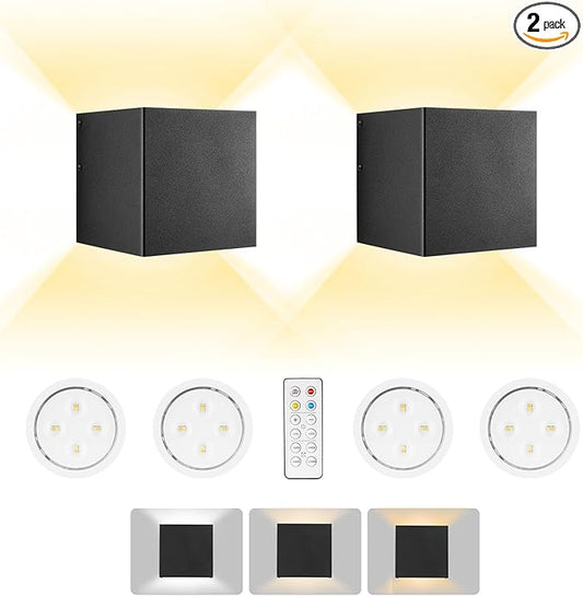 HEQIQEH Modern Battery Operated Cube Wall Sconces, LED Indoor Up and Down Wall Lamp with Remote Control, Dimmable Cordless Wall Lighting Fixtures for Living Room,Bedside (Black - 2 Pack)