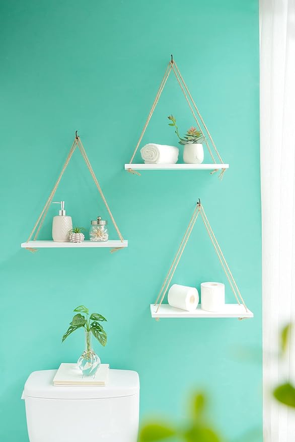 Mkono Wood Hanging Shelves for Wall Boho Decor Swing Rope Rustic Floating Shelf, Set of 3 Wall Display Shelving Home Organizer Rack for Living Room Bedroom Bathroom Kitchen,White
