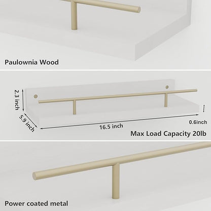 Floating Shelves with Metal Guardrail, Wall Decor Shelves for Bathroom, Living Room and Bedroom, (Gold-White) Shelves for Home Decor