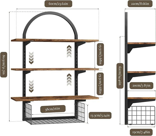 3 Tier Floating Shelf with Storage Baskets, Wall Mounted Bathroom Shelves Over Toilet, Wood Wall Shelves for Kitchen, Bedroom, Living Room, Home Organization and Decor, Rustic Brown