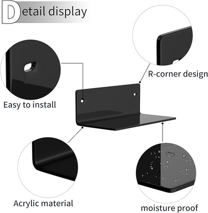 8 Inch Black Small Wall Shelves, Acrylic Wall Mounting Ledges Display, Acrylic Black Shelf for Figures, Collectibles, Plants, Décor, Toiletries, 4'' Depth, 2 Pack