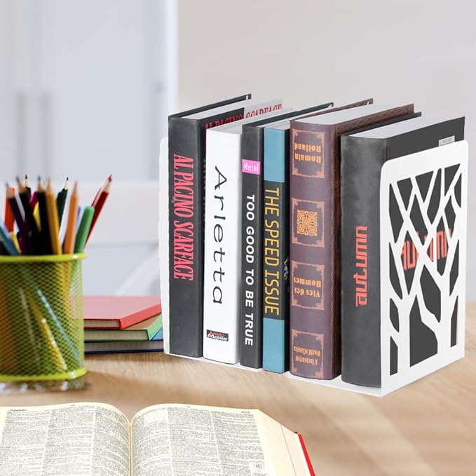 Book Ends, Bookends, Bookends for Shelves, Bookend, Book Ends for Heavy Books, White Metal Book Shelf Holder Home Decorative, Book Stoppers for Shelves, Bookend Supports 4 Pair