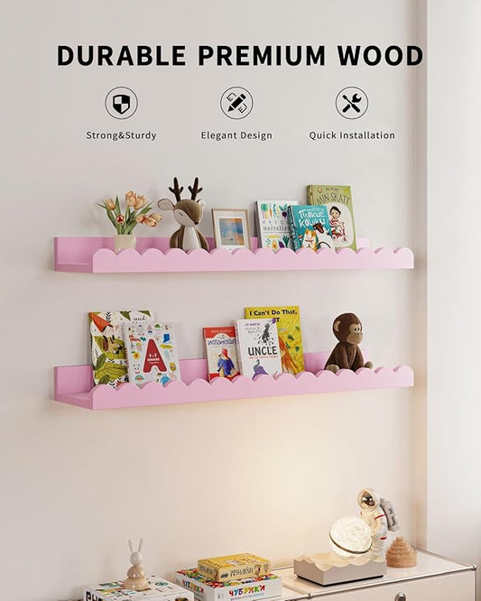 Shario Nursery Book Shelves, 4-Pack White Floating Shelves for Wall Kids, Scalloped Shelves, Wall Book Shelves for Bedroom Kids, Toddler Room, Baby Room, Nursery Decor(Pink, 23 Inches)