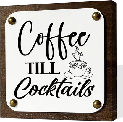 Coffee Bar Decor, Coffee Wood Sign, Wooden Box Signs Decors Art, Coffees Corner Decors, Kitchen Sign for Home Shelf Decor, Coffees Till Cocktails Signs
