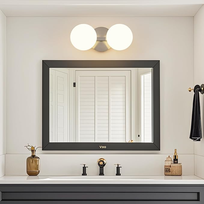Globe Bathroom Vanity Light Fixtures: Nickel Wall Scones With 2 Milk Glass Shade - Modern Makeup Lighting Fixture over Mirror - Brass Ball Powder Room Vanities Lights for Hallway Bedroom Bulb Excluded