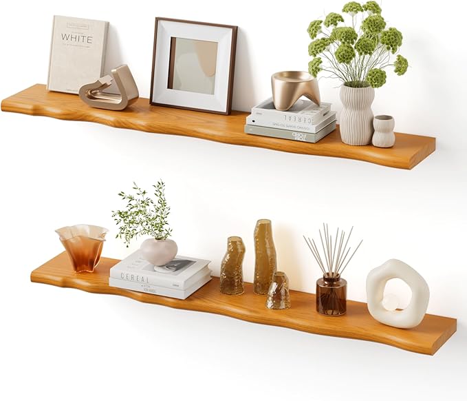 Floating Shelves for Wall Rustic Farmhouse 48 Inch Floating Shelf Bathroom Wooden Shelves for Wall Mounted Live Edge Pine Shelf with Unique Natural Grain for Living Room Bedroom Kitchen (Honey Walnut)
