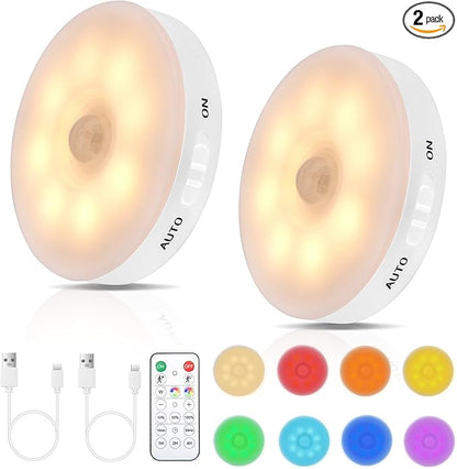 RGB LED Rechargeable Motion Sensor Light Indoor with Remote, Long-Lasting Battery, Bright & Dimmable, Stick-On Puck Night Light for Closet, Cabinet, Kitchen, Stairs, Shelves - Warm & RGB 2Pack