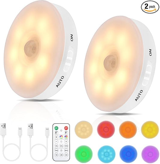 RGB LED Rechargeable Motion Sensor Light Indoor with Remote, Long-Lasting Battery, Bright & Dimmable, Stick-On Puck Night Light for Closet, Cabinet, Kitchen, Stairs, Shelves - Warm & RGB 2Pack
