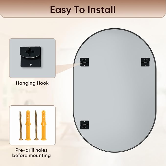 Antok Wall Mirror, 24"x36" Bathroom Vanity Mirror, Anti-Rust HD Tempered Glass, Wall Mounted Mirrors for Living Room, Entryway, Black Frame, Oval