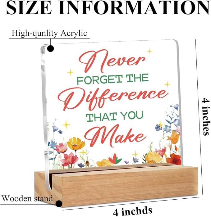 Difference maker Gifts Acrylic Sign with Wood Stand, Thank You Gifts for Women Boss Coworkers Bedroom Office Living Room Desk Cubicle Table Shelf Decor, Farewell Retirement Gift for Women Coworker