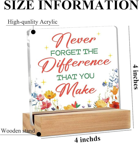 Difference maker Gifts Acrylic Sign with Wood Stand, Thank You Gifts for Women Boss Coworkers Bedroom Office Living Room Desk Cubicle Table Shelf Decor, Farewell Retirement Gift for Women Coworker