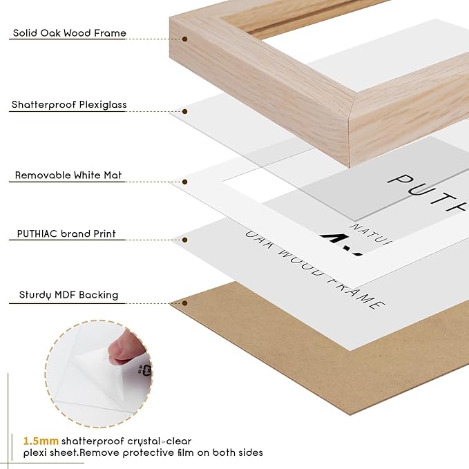 puthiac 4x6 Solid Oak Wood Picture Frame, Fits 3x5 with Mat or 4x6 Without Mat, Wall or Tabletop Display with Stand, Vertical or Horizontal, Plexi Front, 1 Pack, Natural Oak