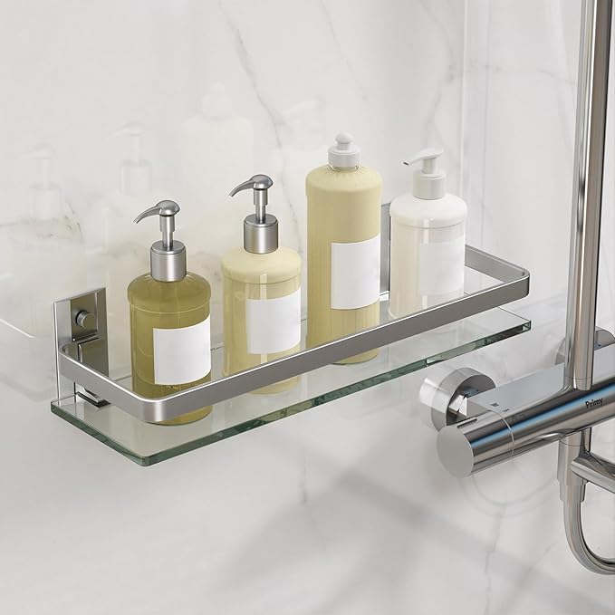 Danpoo Clear Tempered Glass Wall Shelf, Wall-Mounted Organizer for Bathroom, Kitchen(Matte Silver)