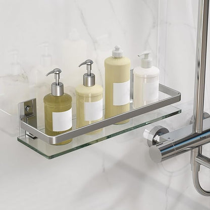 Danpoo Clear Tempered Glass Wall Shelf, Wall-Mounted Organizer for Bathroom, Kitchen(Matte Silver)