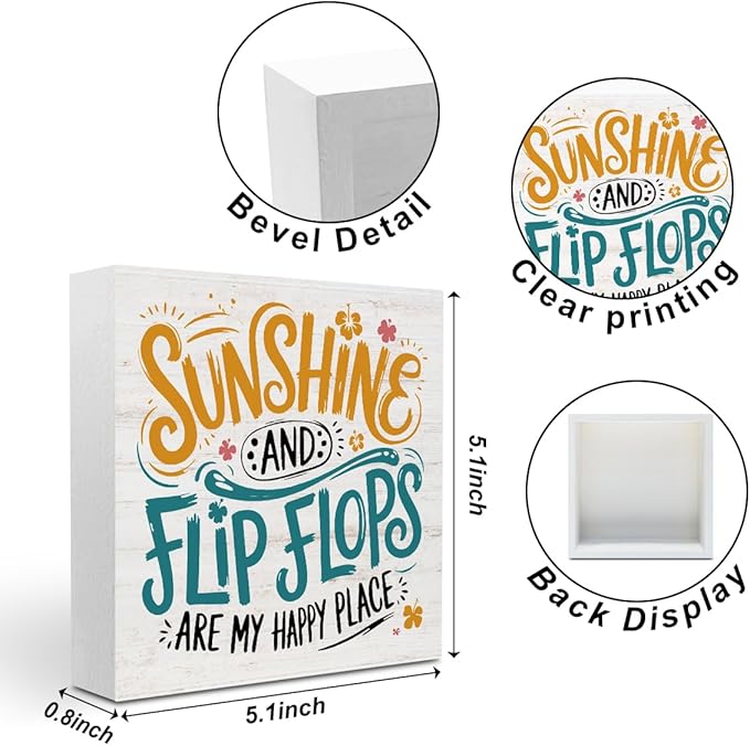 Sunshine Gifts for Women Men, Summer Themed Wood Box Sign Desk Decor, Sunshine and Flip Flop Beach Decorative Signs for Home Office Living Room Table Shelf Cubicle