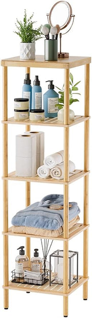 AmazerBath 5-Tier Bamboo Bathroom Shelf, Bathroom Standing Shelves, Multifunctional Shelving Unit for Living Room Bedroom Kitchen, Natural Color
