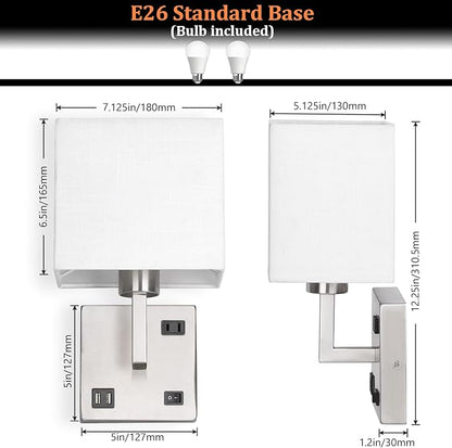 AVV Bedroom Sconces Set of 2, Wall Mounted Bedside Lamps with USB Port, AC Outlet and 3 Color Selectable 2700K/4000K/5000K, Wall Lamps for Bedroom Living Room Hotel, Hardwire, Nickel