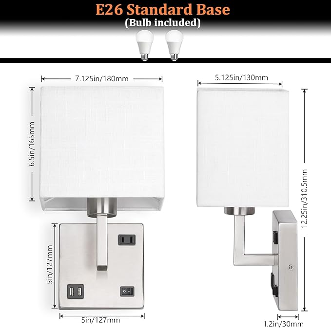 AVV Bedroom Sconces Set of 2, Wall Mounted Bedside Lamps with USB Port, AC Outlet and 3 Color Selectable 2700K/4000K/5000K, Wall Lamps for Bedroom Living Room Hotel, Hardwire, Nickel