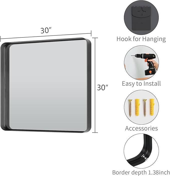 Koonmi Black Wall Mirror for Bathroom, 30x30 Inch Matte Deep Framed Rounded Rectangle Vanity Mirror for Farmhouse Living Room, Tempered Glass, Anti-Rust, Vertically or Horizontally