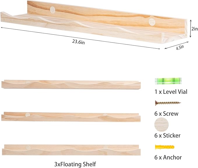 AZSKY Floating Bookshelf for Kids, Cloud Picture Ledge Shelf Natural 23.6 Inches Nursery Book Shelves Set 3, Baby Book Shelf for Kids Room, Toddler Room, Nursery Decor