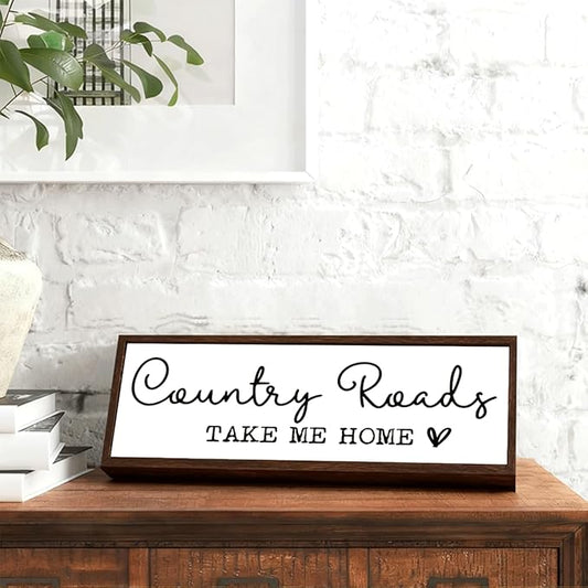 Country Roads Take Me Home Sign, Farmhouse Style Home Decor, Framed Sign Decor for Front Door Entryway Porch, Living Room Decors Tabletop, Shelves Decoration, Decorative Wooden Table Signs