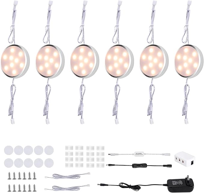 LED Under Cabinet Lighting Kit,6 Pack Linkable Puck Lights with Touch Dimmer,Wired Plug in Under Counter Lighting for Curio Bar, Kitchen, Cupboard,Bookcase,Closet Furniture (2700K Warmwhite)