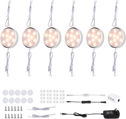 LED Under Cabinet Lighting Kit,6 Pack Linkable Puck Lights with Touch Dimmer,Wired Plug in Under Counter Lighting for Curio Bar, Kitchen, Cupboard,Bookcase,Closet Furniture (2700K Warmwhite)