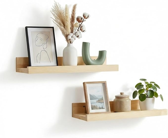 Z metnal Small Decor Shelves, Mini Floating Wooden Display Wall Shelf for Smart Speaker WiFi Collectables, Sauna Shelves, Wood, Wall Mounted, 12 x 5.5inch, 2 Pack