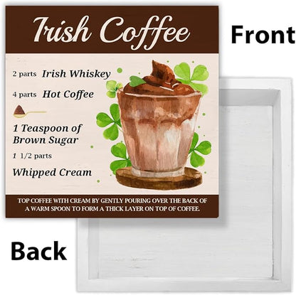 St Patricks Day Decorations - St. Patrick's Day Decor - Irish Coffee Bar Wooden Sign Home Kitchen Coffee Bar Table Shelf Desk Decor 5×5 Inches