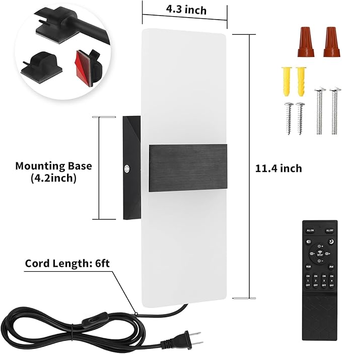 Plug in Wall Sconce with Stepless Adjustable 3000K-6500K Colors and 10%-100% Brightness, 12W Acrylic LED Wall Light with Remote, Hardwire or Plug-in (1 Pack, Black)