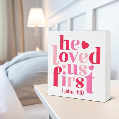 Valentines Day Decor - Valentines Decor - He Loved Us First 1 John 1:19 Scriptures Wood Sign Home Kitchen Coffee Bar Cafe Desk Shelf Table Tabletop Decorations 5×5 Inches