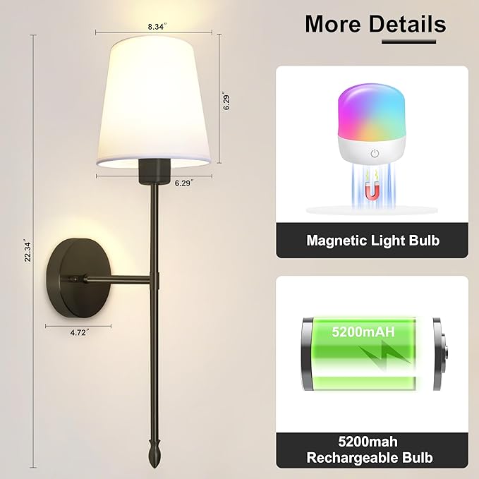 Battery Operated Wall Sconce Set of 2, Wireless Wall Sconce with Rechargeable Bulbs and Remote, 15 Colors & Dimmable, Black Sconces Wall Decor for Bedroom Living Room Hallway