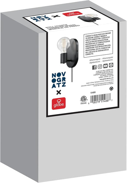 Globe Electric x Novogratz 51488 1-Light Plug-in or Hardwire Wall Sconce, Matte Black, 6ft Fabric Covered Cord, Rocker Switch, Wall Lights for Apartment or Renters, Modern Lighting