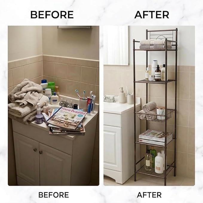 Bath Bliss 5 Tier Storage Shelf | 13"x 11.6"x 54.5" | Freestanding | Bathroom Storage | Rust Resistant | Easy Assemble | Oil Rubbed Bronze
