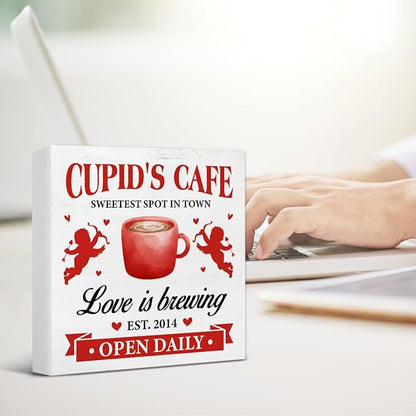 Valentines Day Gifts - Valentines Day Decor - Valentines Day Decorations for Home - Romantic Cupid's Cafe Love Is Brewing Wooden Sign Home Coffee Bar Kitchen Table Desk Shelf Decor 5×5 Inches