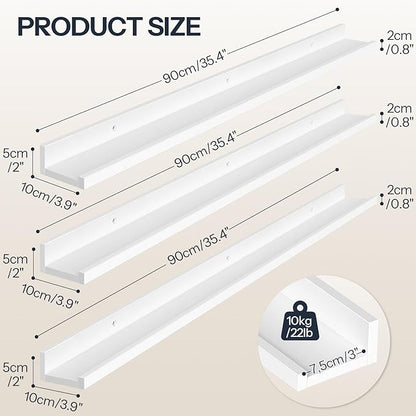 HOOBRO Floating Shelves, Wall Shelf Set of 3, 35.4 Inches Hanging Shelf with Raised Edge and Invisible Brackets, for Bathroom, Bedroom, Kitchen, Office, Living Room Decor, White WT90BJ01